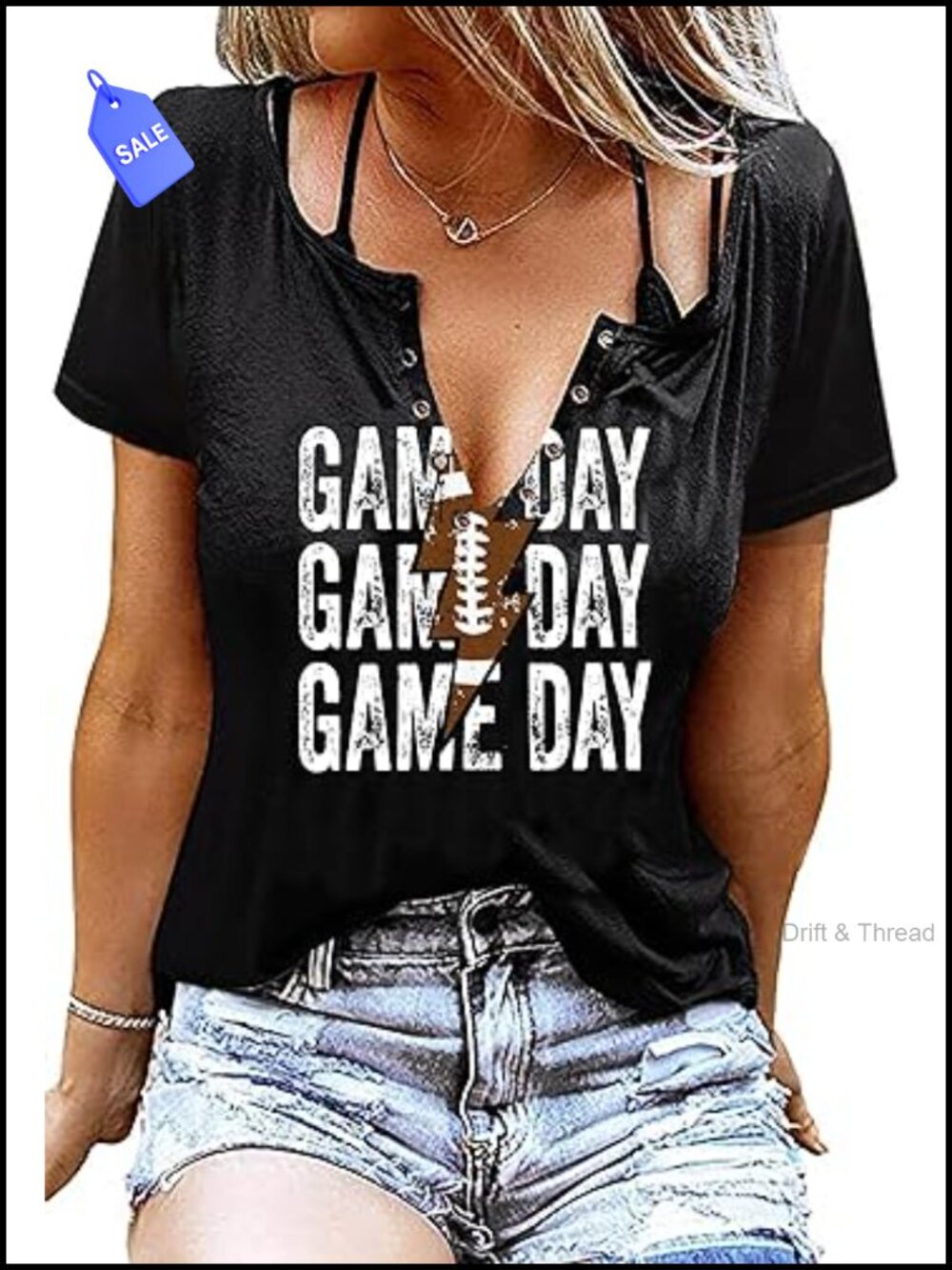 Football Game Day Graphic T-Shirt Women Short Sleeve V-Neck Cotton Tee